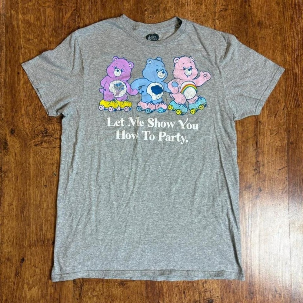 Grey Care Bears "Let Me Show You How To Party" faded graphic t-shirt